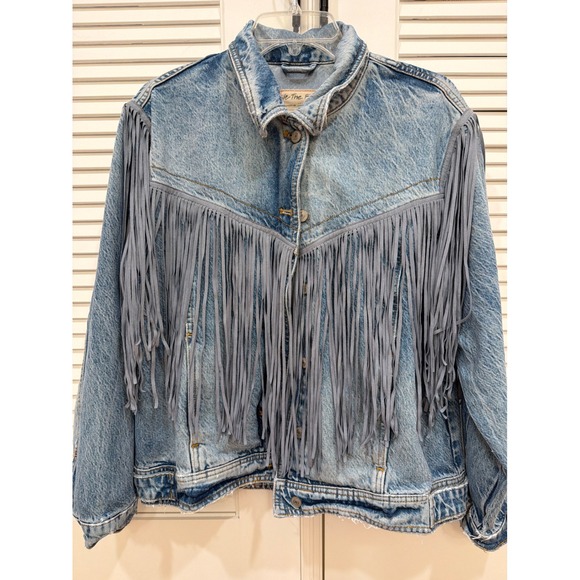 Free People We The Free Fringe Denim Jacket Light Wash Blue Western - Picture 3 of 8